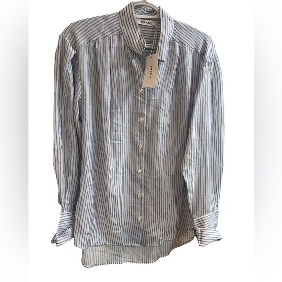 Frame Denim Tops - Frame NWT Pleated Clean Collared Chambray Striped Shirt Size S/M